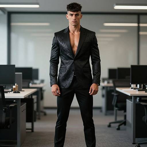 Photograph of a tall, muscular man with short, dark hair wearing a black, textured blazer, open to the chest, and black pants,