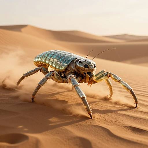 Hyper-realistic CGI of a metallic, insectoid arachnid with blue-green exoskeleton and six legs, running through golden sand dunes under