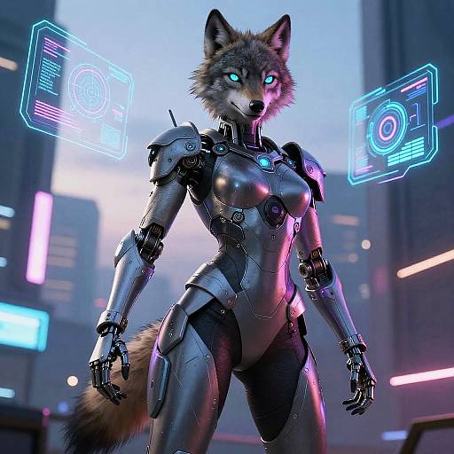 Digital artwork of a cybernetic, glowing-eyed, wolf-like female warrior with metallic armor standing in a futuristic cityscape, holographic screens floating beside