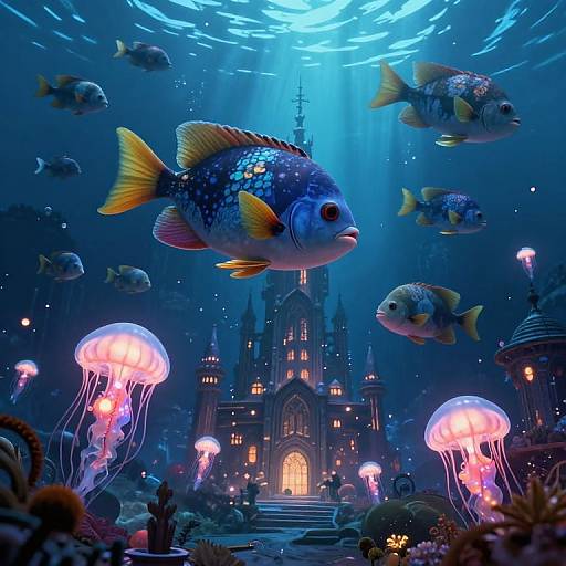 Digital artwork of a vibrant underwater scene with colorful fish, jellyfish, and a glowing, castle-like structure illuminated by blue light.
