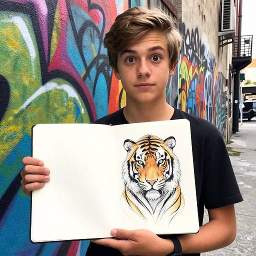 Teen boy with short brown hair holding a detailed tiger drawing in a colorful, graffiti-covered urban alleyway, wearing a black t-shirt.