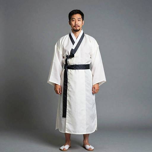 Photograph of an Asian man in a white martial arts gi with black belt, black sash, and white slippers, standing against a plain gray