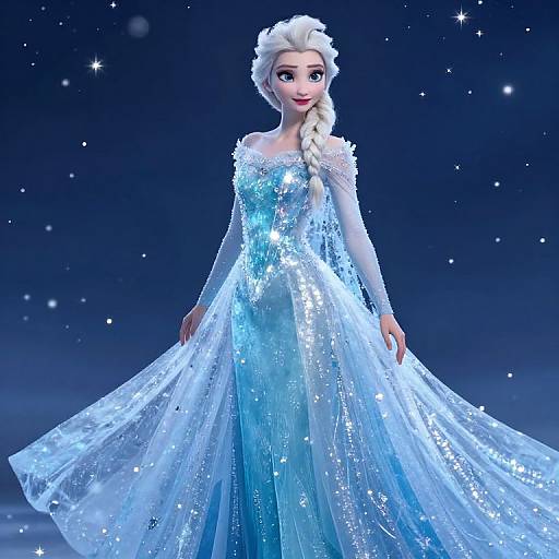 Digital illustration of a blonde, blue-eyed Elsa in an icy blue, sparkling snowflake-embellished ball gown, standing against a starry night