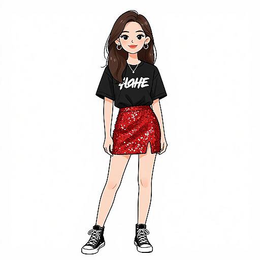 Digital drawing of a young woman with long brown hair, wearing a black 