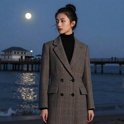 Half-Bun Model on Dusk Seaside Pier