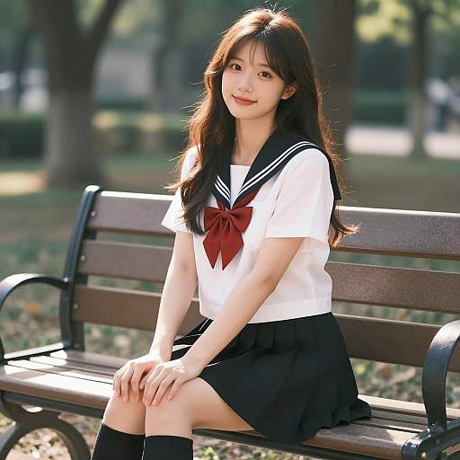 Asian Woman in Sailor Uniform Sitting on Bench