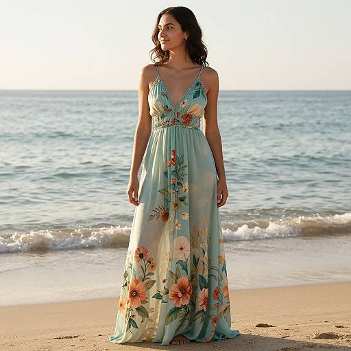 Photograph of a woman in a light blue, floral sundress with a deep V-neck, standing on a sunny beach with gentle waves in the background