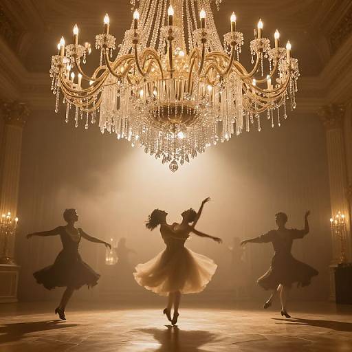Photograph of three silhouetted ballroom dancers in flowing dresses, performing under a grand, glowing chandelier in a misty, elegant hall