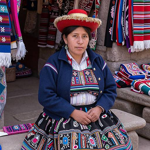 Photograph of a Native Andean woman wearing a red hat, dark blue embroidered jacket, and black skirt with colorful patterns, seated in a market stall