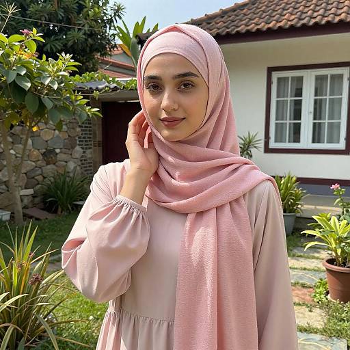 Young Woman in Pink Hijab Garden