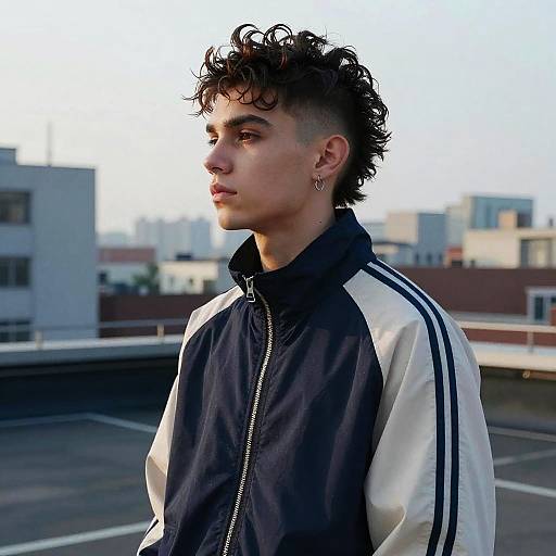 Photograph of a young, curly-haired man with short sides, wearing a black and white track jacket, standing on a rooftop with city buildings in the