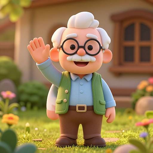 CGI cartoon of a cheerful elderly man with white hair, round glasses, green vest, blue shirt, and brown pants, waving in a sunny garden