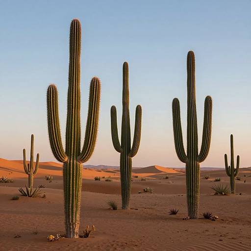 Photograph of a desert landscape with tall, green cacti with thick, vertical stripes, set against a clear blue sky and sandy dunes in