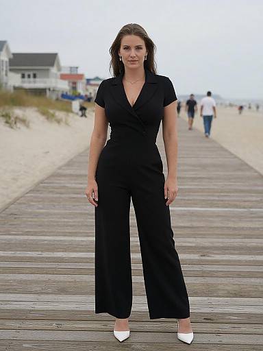 Photograph of a woman with light skin, brown hair, wearing a black wrap dress, wide-legged pants, and white pointed shoes, standing on a
