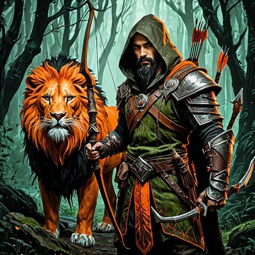 Elven Archer with Vivid Orange Lion in Enchanted Forest