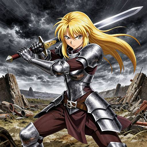 Digital anime-style drawing of a fierce blonde warrior woman in silver armor, holding a glowing sword, amidst a ruined battlefield under a stormy sky.