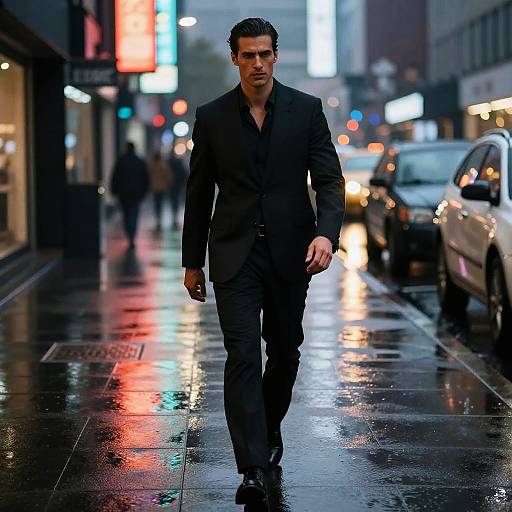 Man in Black Suit Walking on Neon-Lit Wet City Street