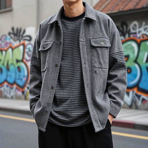 Photograph of a man wearing a gray herringbone jacket over a black striped shirt, standing in front of graffiti-covered urban street.