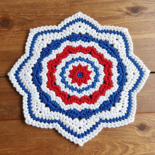 Photograph of a colorful, hand-crocheted, star-shaped granny square with red, blue, and white concentric rings, lying on a
