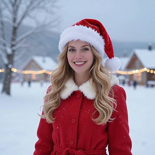 Photograph of a smiling blonde woman with wavy hair, wearing a red Santa hat and coat, standing in a snowy backyard with string lights and snow