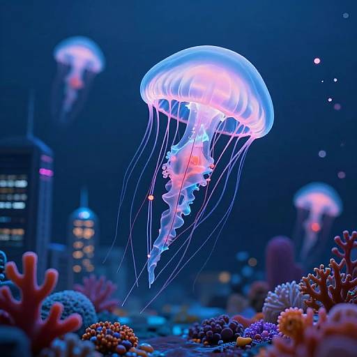 Photograph of glowing blue and pink jellyfish floating above a colorful coral reef in a dark, illuminated underwater aquarium.