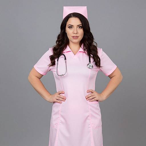 Photograph of a confident woman with long black hair, wearing a pink nurse uniform, stethoscope, and cap, standing against a gray background with