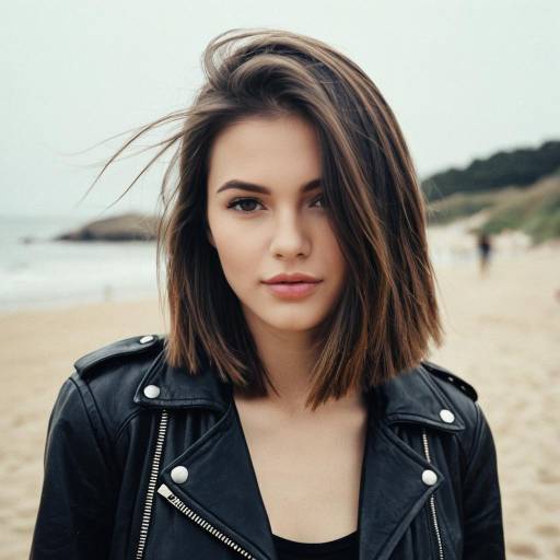 Young Woman with Shoulder-Length Hair in Leather Jacket on Beach