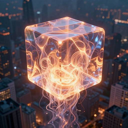 Photograph of a glowing, transparent cube with swirling, fiery orange and yellow lights, floating above a cityscape at night.