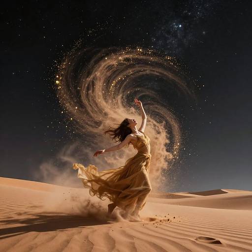 Photograph of a dancing woman in a flowing beige dress, creating a swirling, starry vortex of dust in a desert under a starry night sky