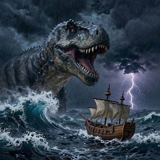 Stormy Sea with Dinosaur and Pirate Ship
