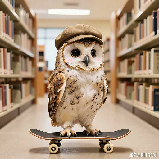Owl on Skateboard in Library