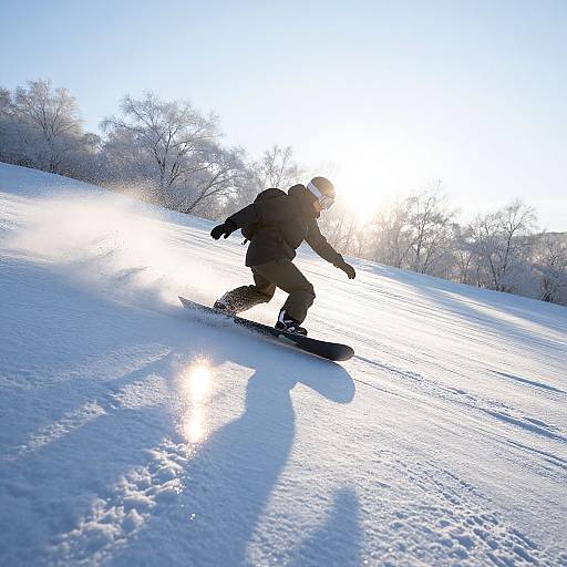 Photograph of a person snowboarding downhill on a bright, sunlit snowy slope, with trees in the background and a strong sun glare.