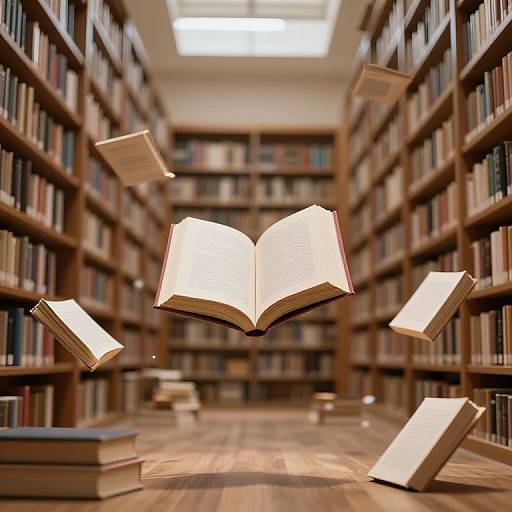 Photograph of a library with floating, glowing books between wooden shelves, illuminated by overhead light, creating a magical atmosphere.