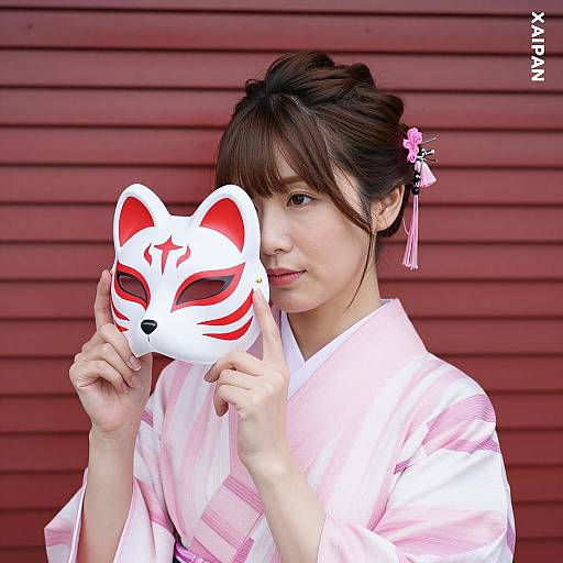 Japanese Woman in Striped Kimono and Mask