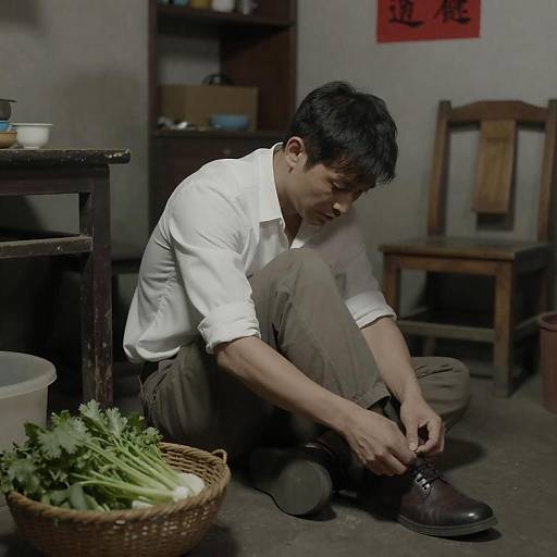 Man in Rustic Room Adjusting Pants