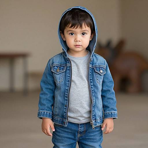 Photograph of a young boy with dark hair, wearing a blue denim jacket, grey shirt, and matching jeans, standing indoors.