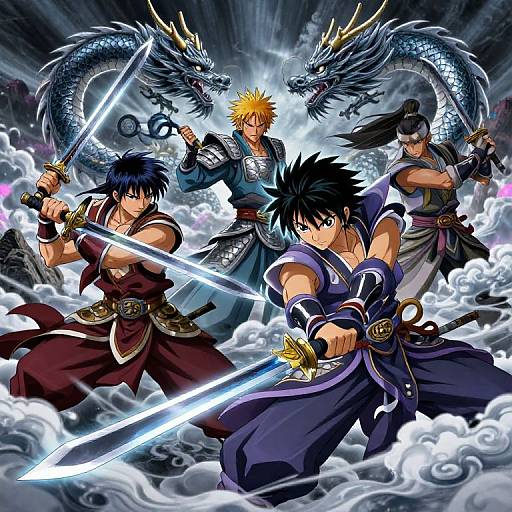 Digital anime art: Four samurai with glowing swords, surrounded by two dragon-like creatures, amidst swirling clouds, in dynamic battle pose.