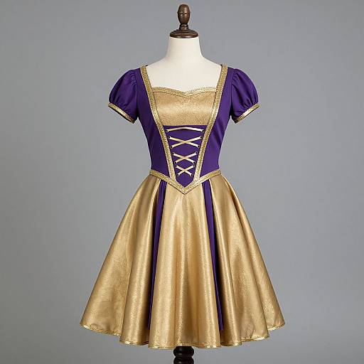 Photograph of a vintage-style, blue and gold, medieval-inspired dress on a mannequin with purple puffed sleeves, gold skirt, and blue