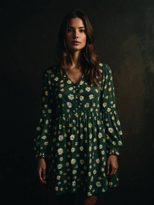 Woman in Green Daisy Print Dress