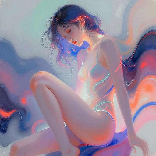 Digital painting of a slender, fair-skinned woman with long, wavy, dark blue hair, nude, sitting with glowing, ethereal colors surrounding