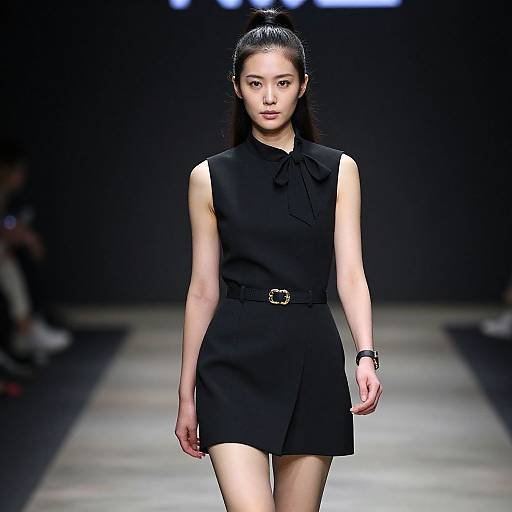 Asian female model in a sleeveless black dress with a bow and belt, walking on a dark runway; sleek hair, serious expression. Photograph.