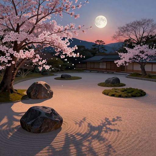 Photograph of a serene Japanese garden at sunset, featuring pink cherry blossoms, a full moon, raked gravel, and rocks with soft shadows.