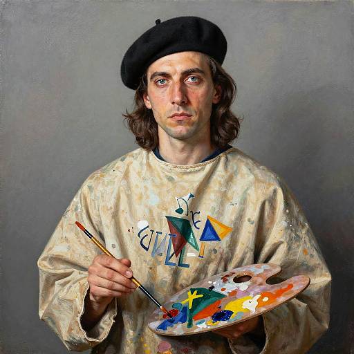 Photorealistic painting of a young, Caucasian artist with shoulder-length brown hair, wearing a black beret and stained artist's shirt, holding a paint