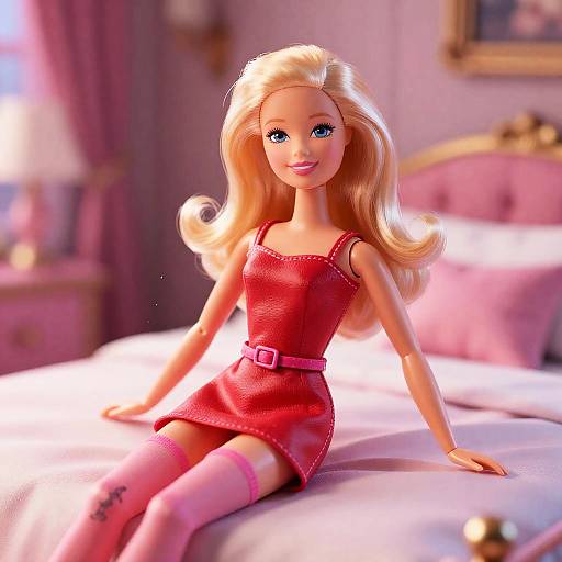 Blonde Barbie Doll in Red Dress on Bed