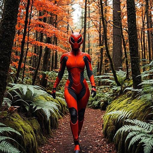 Female Alien in Fire Ant Costume on Forest Path