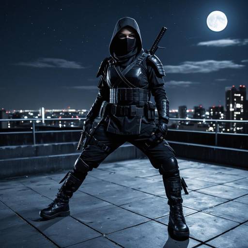 Stealthy Ninja on Urban Rooftop at Night