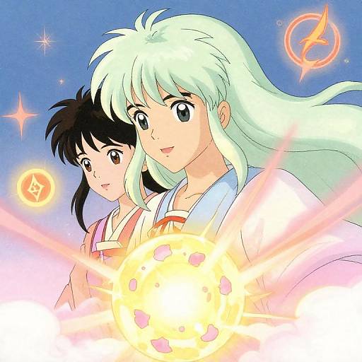 Anime-style digital drawing of two female characters with white and black hair, smiling, holding a glowing magical orb against a blue sky.