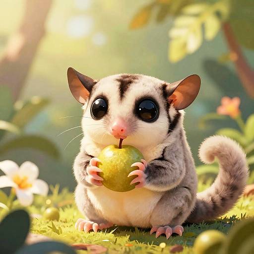 Digital artwork of a cute, large-eyed, furry, gray and white marsupial-like creature eating a green apple in a sunlit, lush forest