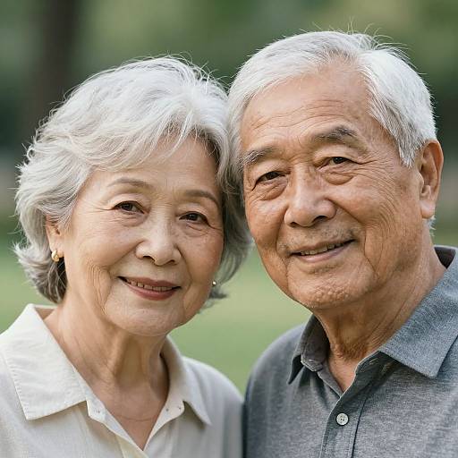 Elderly Asian Couple Smiling Outdoors