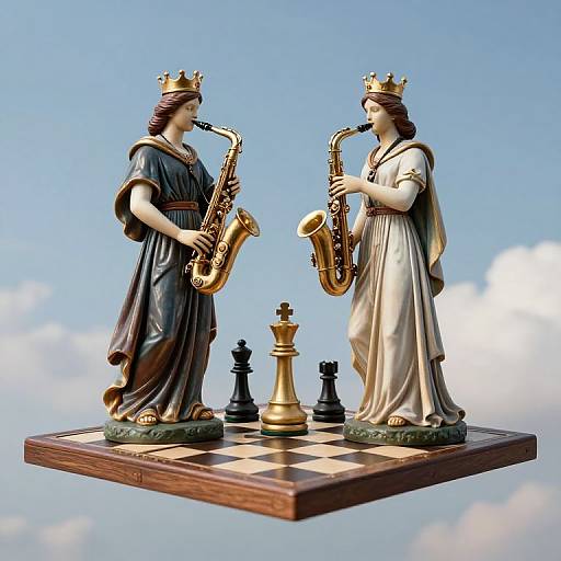 Photograph of two detailed, golden-crowned statues playing saxophones on a chessboard, with black and gold chess pieces, against a bright blue